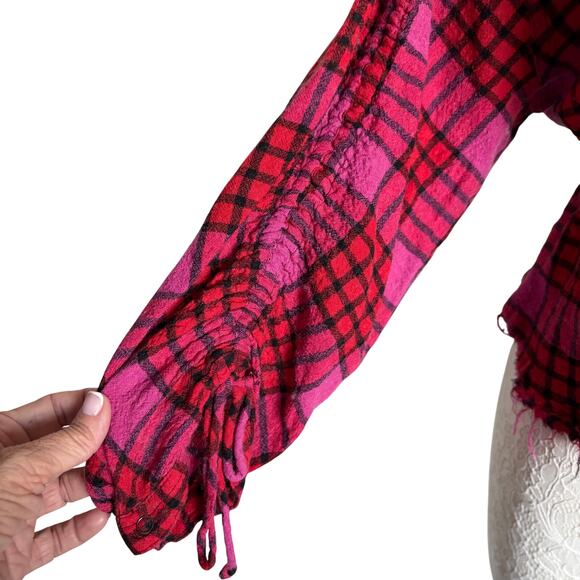 Free People We The Free Pacific Dawn Plaid Flannel Shirt Wool Grunge L Y2K - Picture 8 of 11